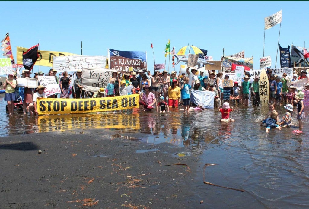 'Oil Free Seas' Banners on Bethells Beach in New Zealand