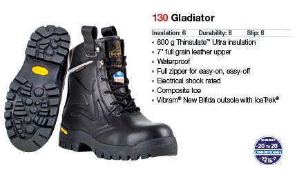 Footwear for cold and wet conditions with impact and abrasion resistance.
